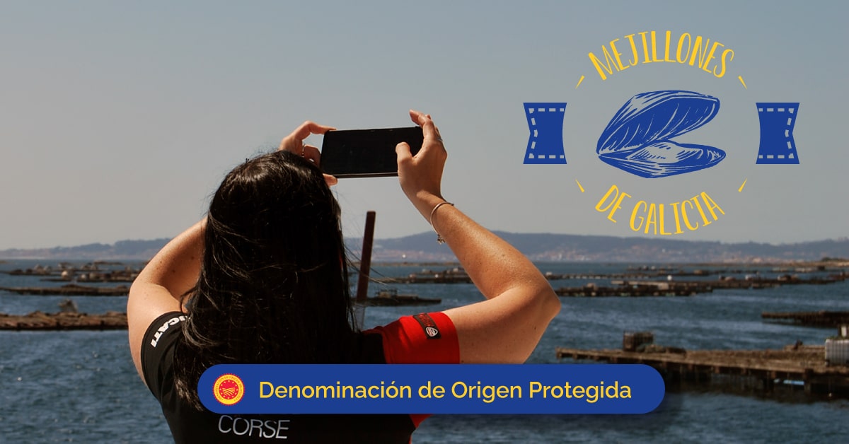 Turista fotografiando las bateas de mejillones con Denominación de Origen desde el barco en O Grove