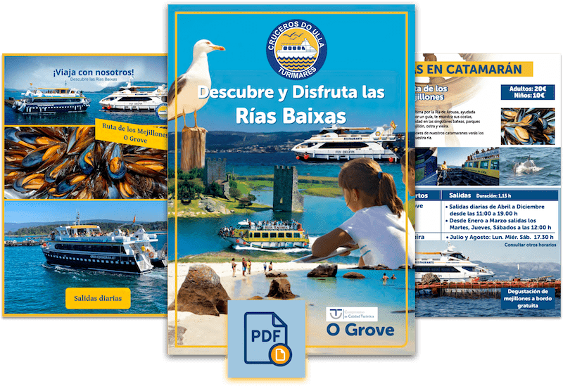 Imagen resumen de folletos informativos en PDF sobre la Ruta del Mejillón y excursiones en catamarán por O Grove y Rías Baixas