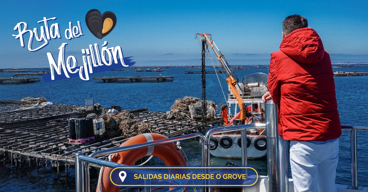 Paseo en barco en el entorno de la turística Isla de La Toja y desde la cubierta del catamarán vistas privilegiadas a las bateas de mejillones.
